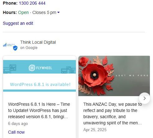Think Local Digital GBP with profile information and our most recent updates