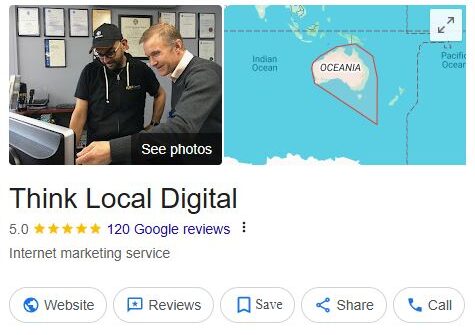 Google My Business for Sandhurst Roofing Think Local Digital GBP Rod with client, the map of Australia and 5 star reviews